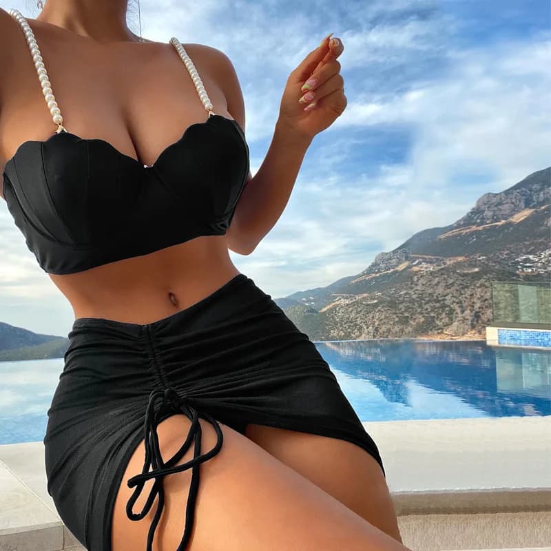 Maillot de bain trois pièces pour femmes, bleu uni, rouge, orange, noir, été, bikini, européen, amér