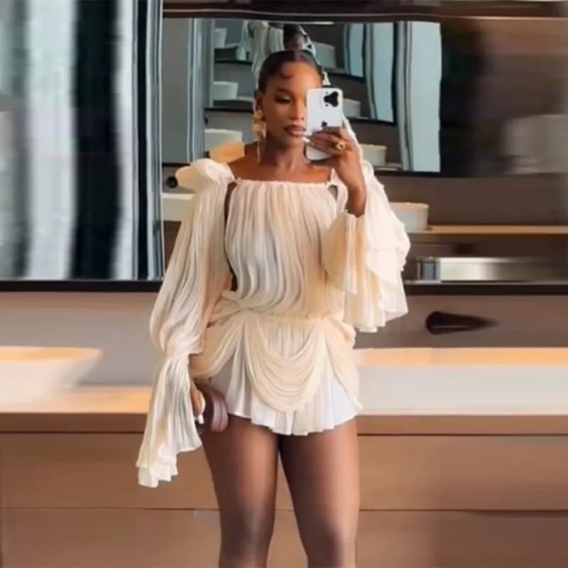 Robe Courte Plissée en Satin Épaules Dénudées pour Femme, Manches Bouffantes Tendance, Taille Cintré