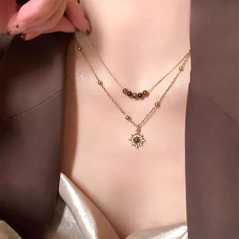 Collier Vintage en cuir avec pendentif en pierre marron pour femmes, ras du cou empilable rétro, cha