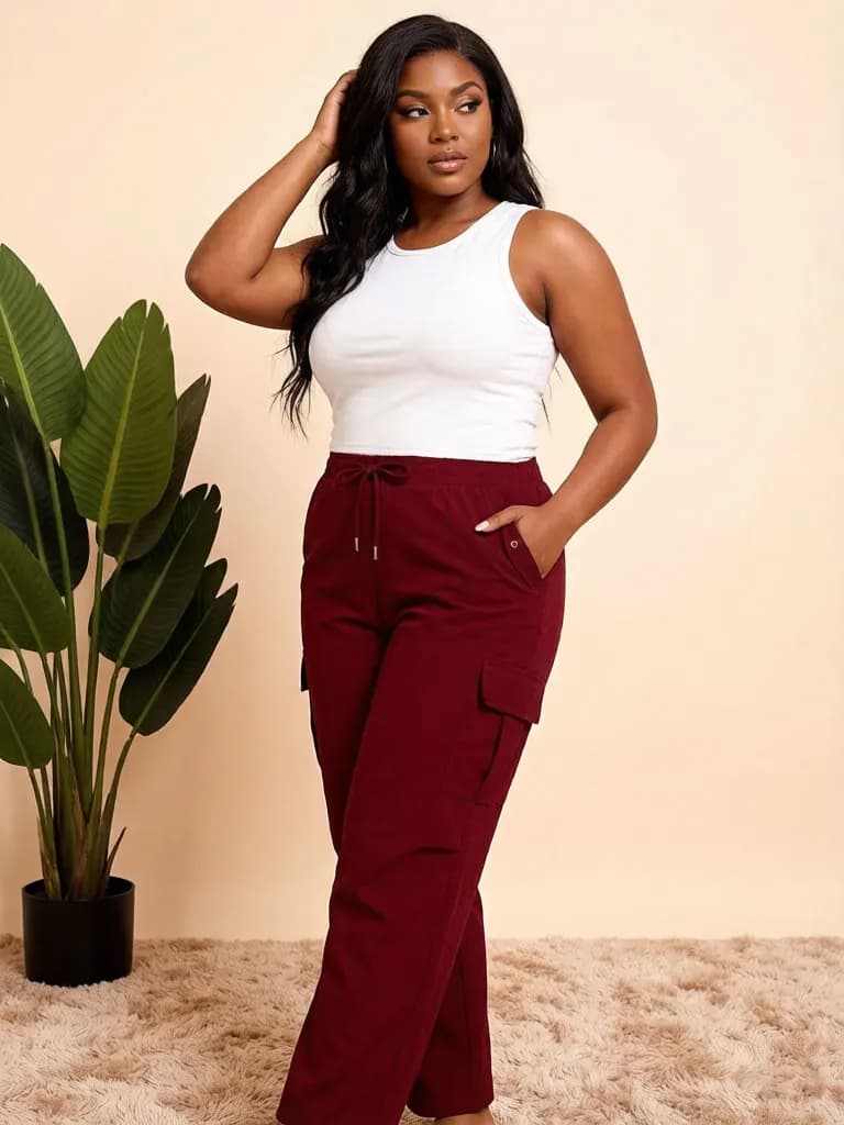 Pantalon cargo bordeaux taille haute pour femme grande taille, avec cordon de serrage, coupe droite,