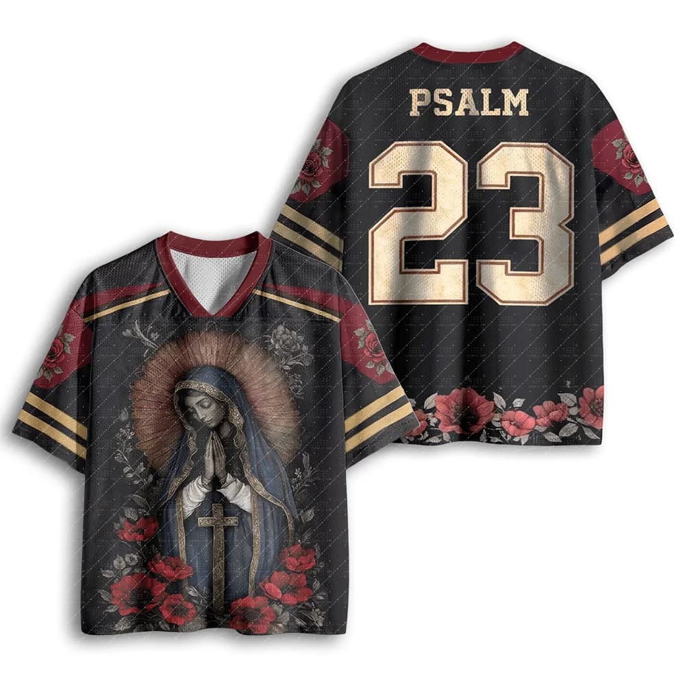 Maillot de football col en V vintage avec imprimé Vierge Marie priante, croix et verset du Psaume 23