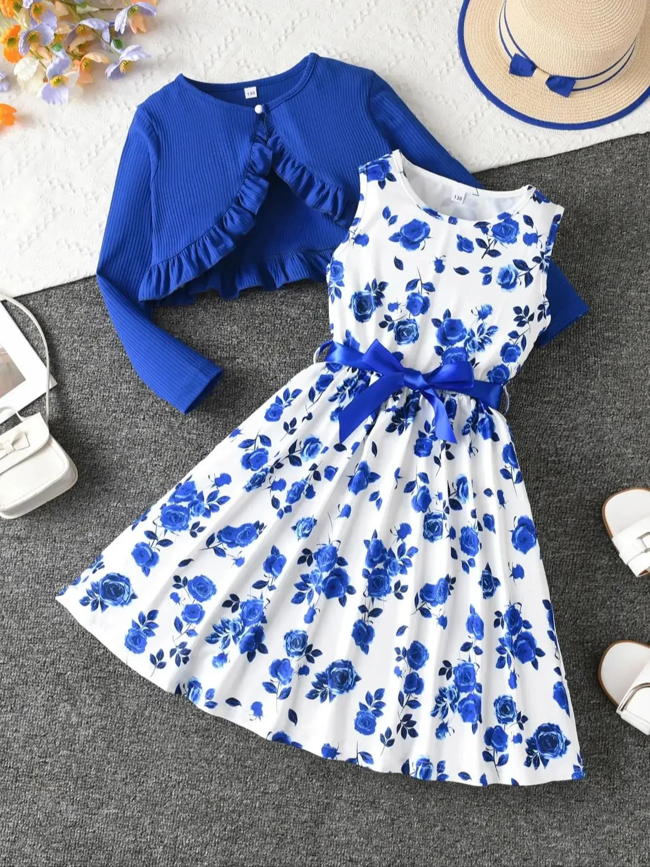 Robe de princesse imprimée deux pièces pour fille, avec ruban à nœud et un petit châle, facile à hab