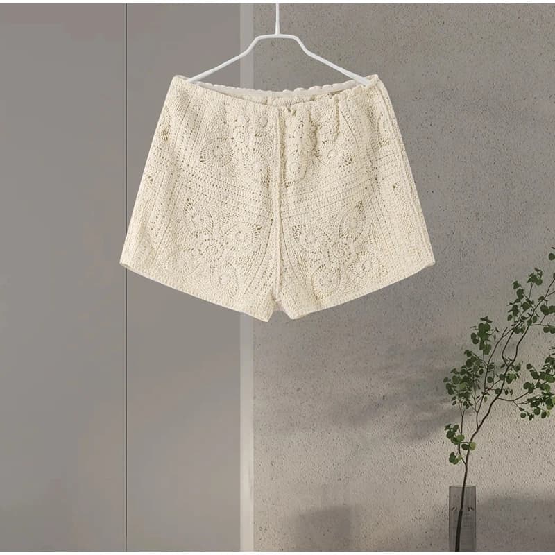 Pull Crochet hauts Shorts femmes ensemble revers simple boutonnage haut court Crochet fleur évider S