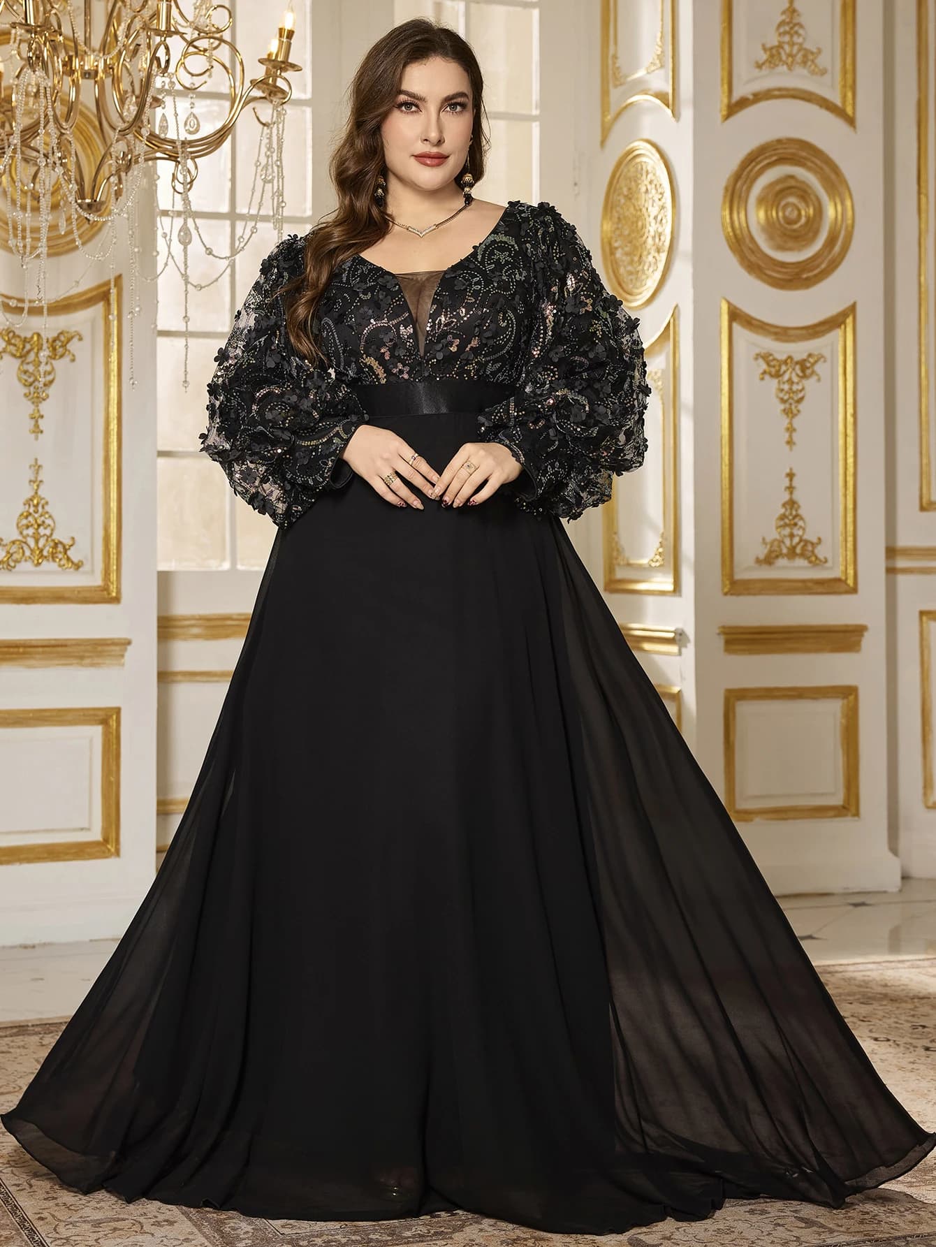 UNITHORSE Robe en mousseline de soie à sequins et motif floral, col en V, manches lanternes, grande 