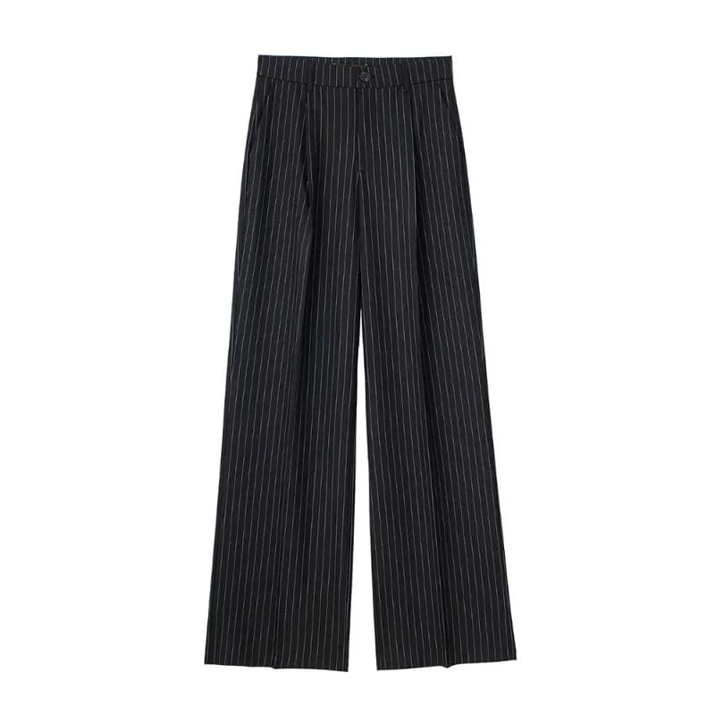 KADUWAKI femmes mode taille haute rayé jambe droite pantalon Vintage fermeture éclair ample couleur 