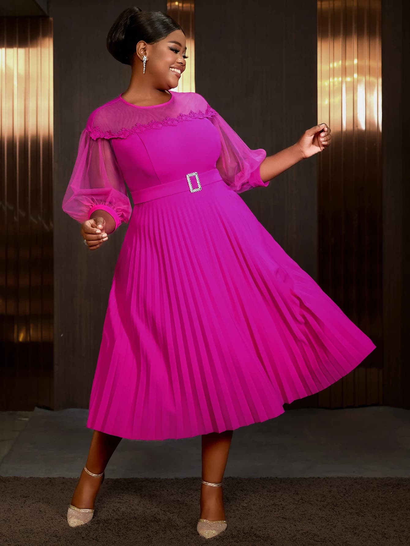 Robes petites pour femmes, en maille rose, col rond, plissée, robe de banlieue élégante, tenue de bu