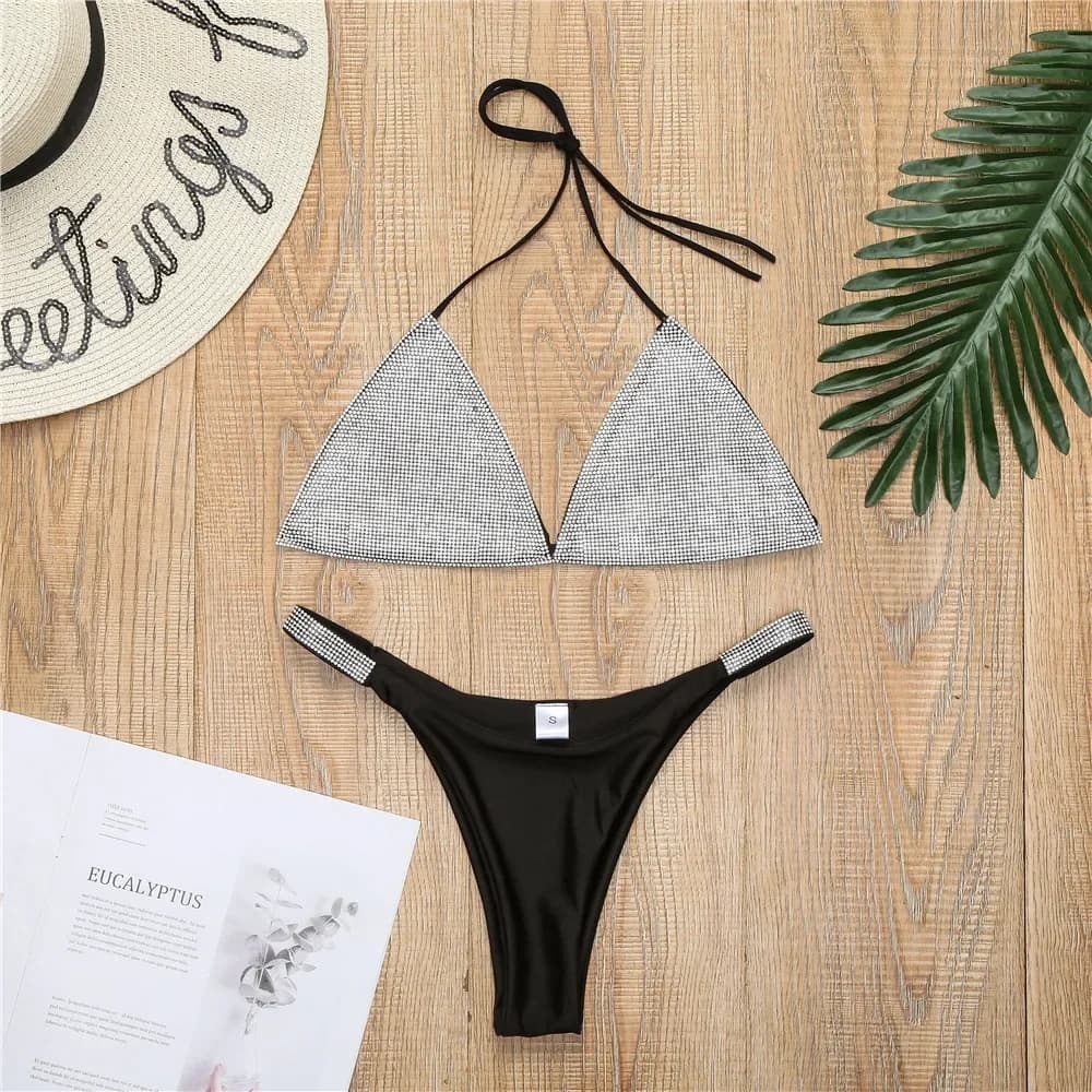 Bikini 2026 Sexy avec Strass Diamantés, Maillot de Bain Uni pour Femme, Ensemble Bikini Triangle Hal