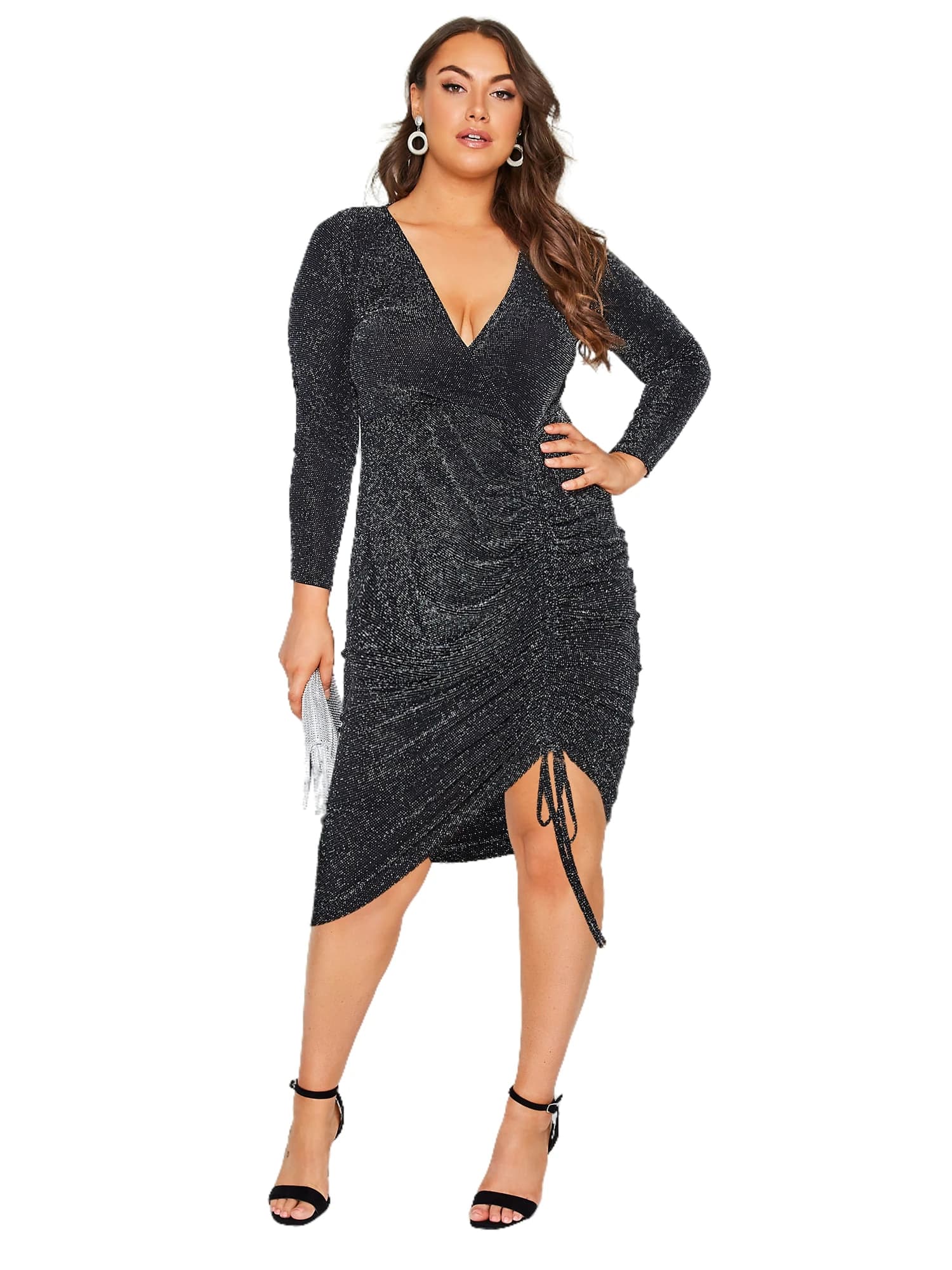 Robe de soirée froncée à manches longues pour femmes, grande taille, 7XL