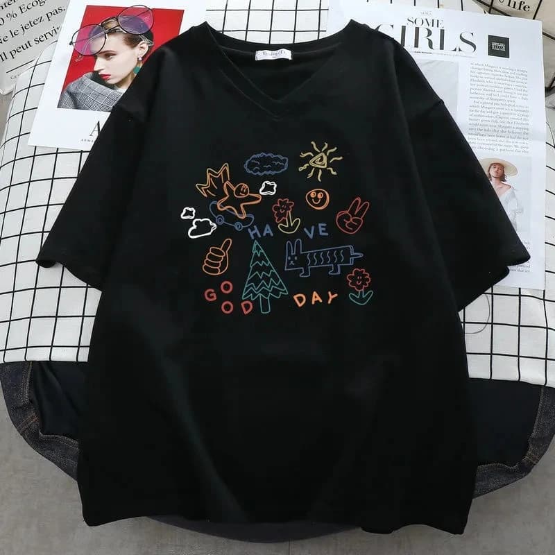 T-shirt à Manches Courtes et Col en V pour Femme, Streetwear, Dessin Animé, Kawaii, Grande Taille 6X