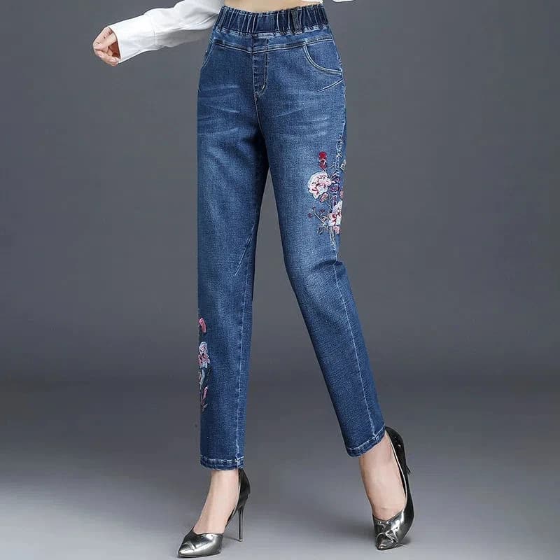 Jean brodé taille haute élastique pour Femme, pantalon Haren en Denim pour Femme d'âge moyen, ample,