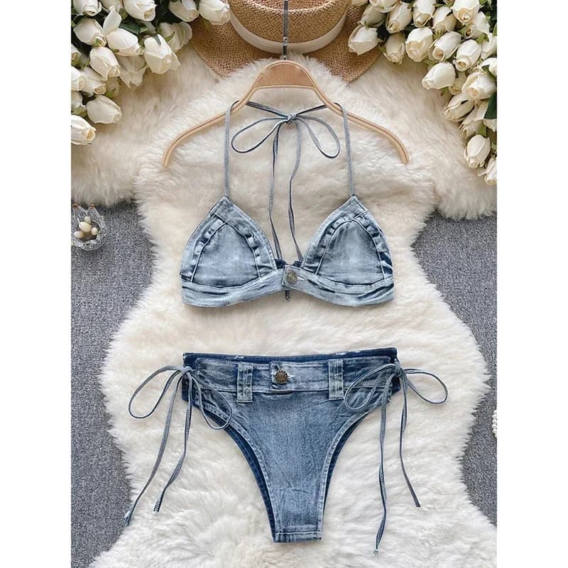 Circyy Maillot de bain sexy pour femme, ensemble bikini en jean bleu à lacets, dos nu, cordon de ser