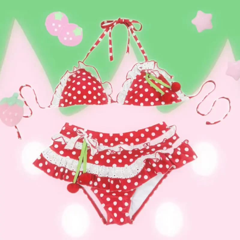 Ensemble bikini à volants Cherry Charm pour femme 2026, maillot de bain trois pièces à col halter, i
