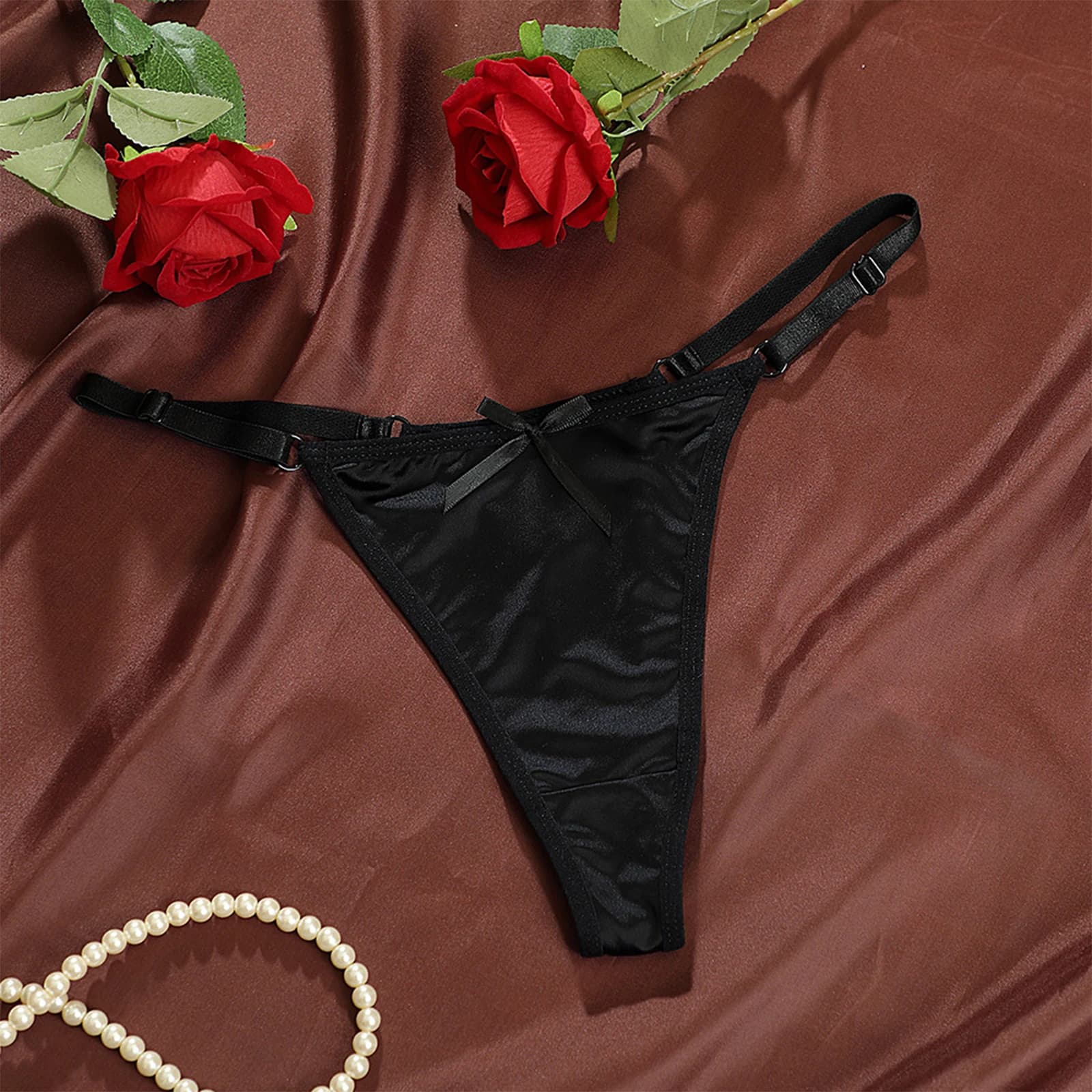 Culotte string sexy taille basse pour femme avec détail nœud latéral ajustable, dos ouvert, lingerie