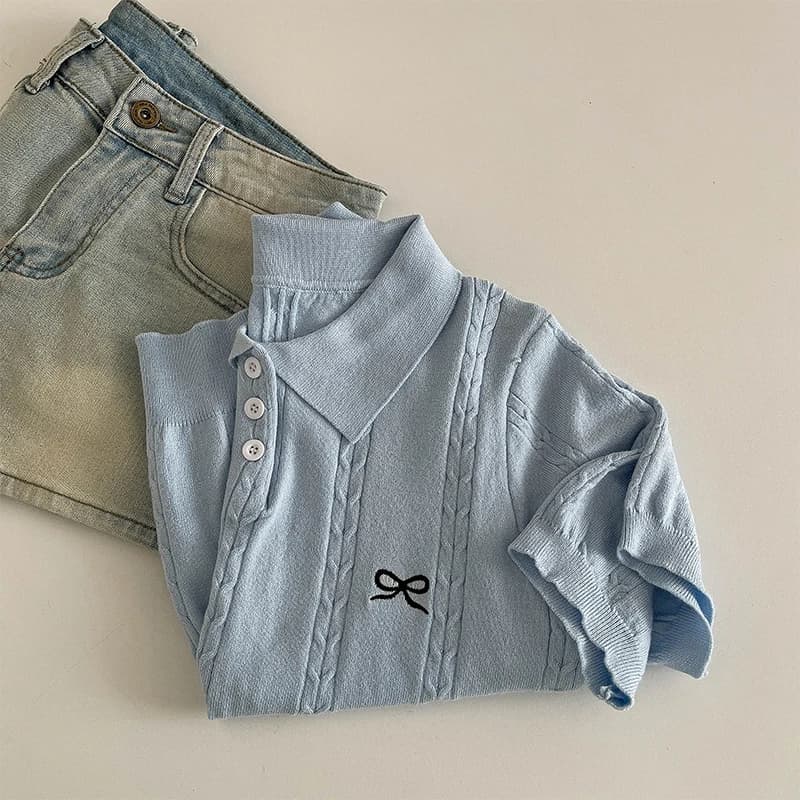 AOSSVIAO Nouvelle Collection Été 2026 – T-shirt Polo Slim Coréen Tricoté à Manches Courtes avec Nœud