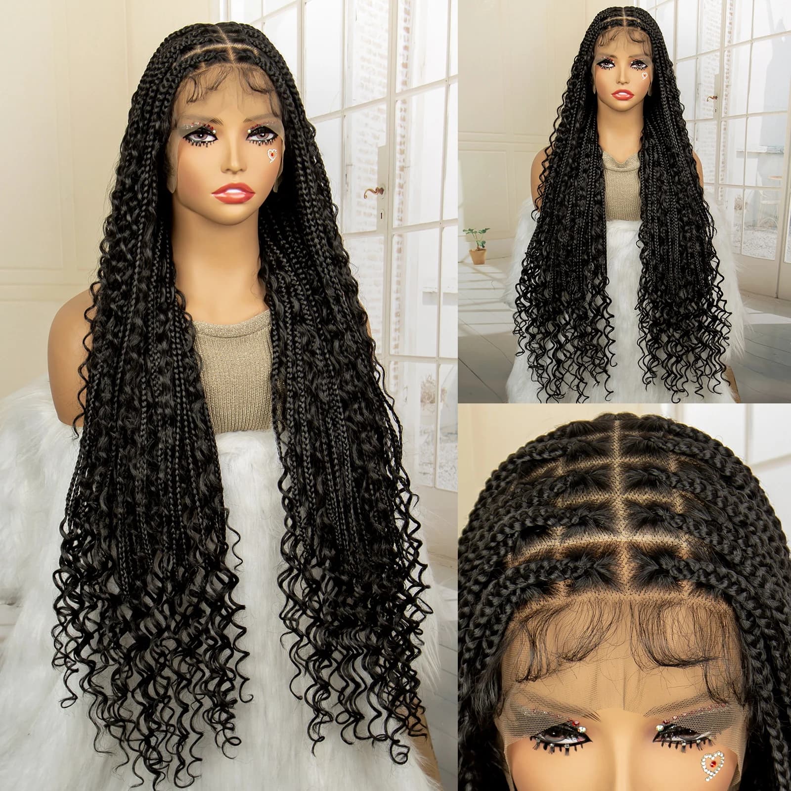 Perruques tressées Boho longues de 36 pouces avec cheveux de bébé, perruque synthétique pleine dente