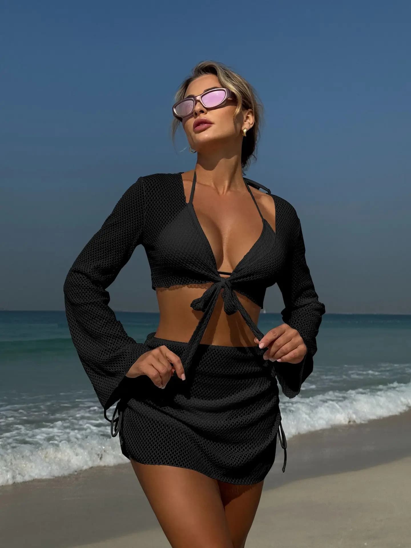 Ensemble bikini 4 pièces pour les vacances d'été 2026, maillot de bain sexy blanc à manches longues 