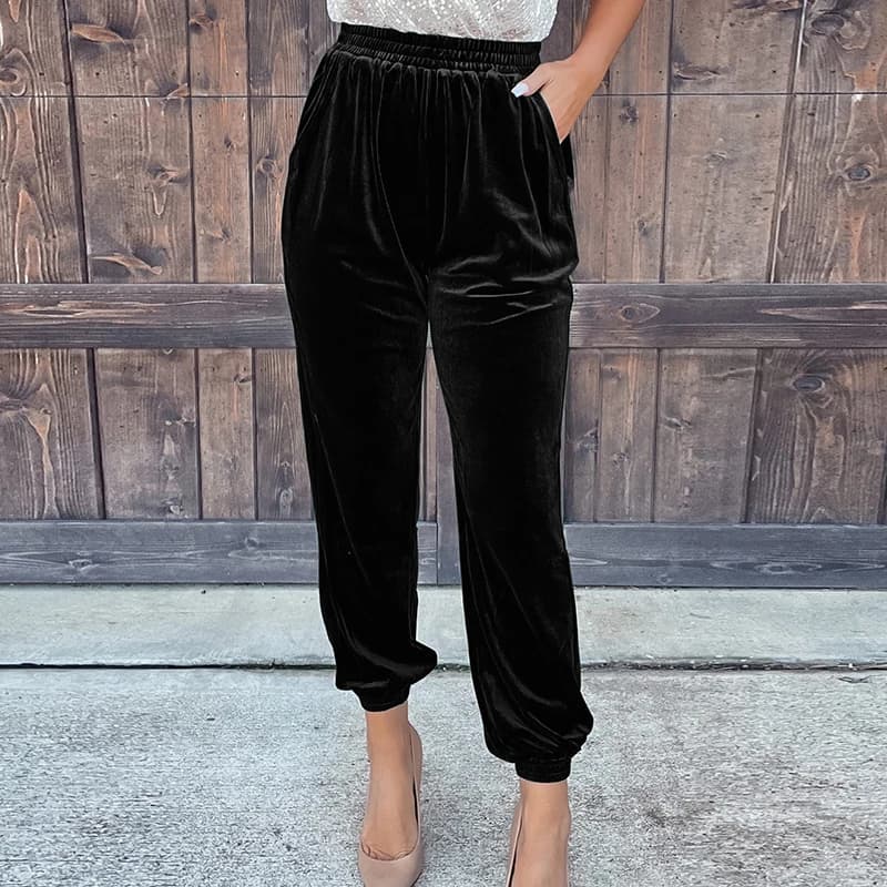 Pantalon en velours rouge pour femme, taille haute élastique, short décontracté, mode monochrome, él