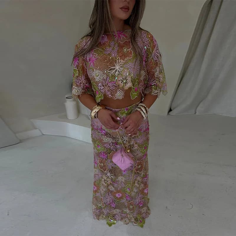 Secy fleur haut creux jupes 2 pièces ensemble femmes mode irrégulière Perspective haut taille haute 
