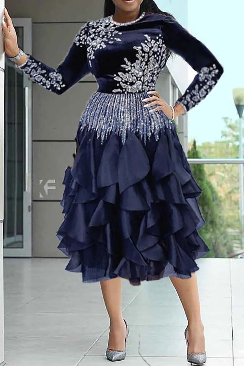 Robes mi-longues pour mère de la mariée, grande taille, élégantes, noires, automne-hiver, col rond, 