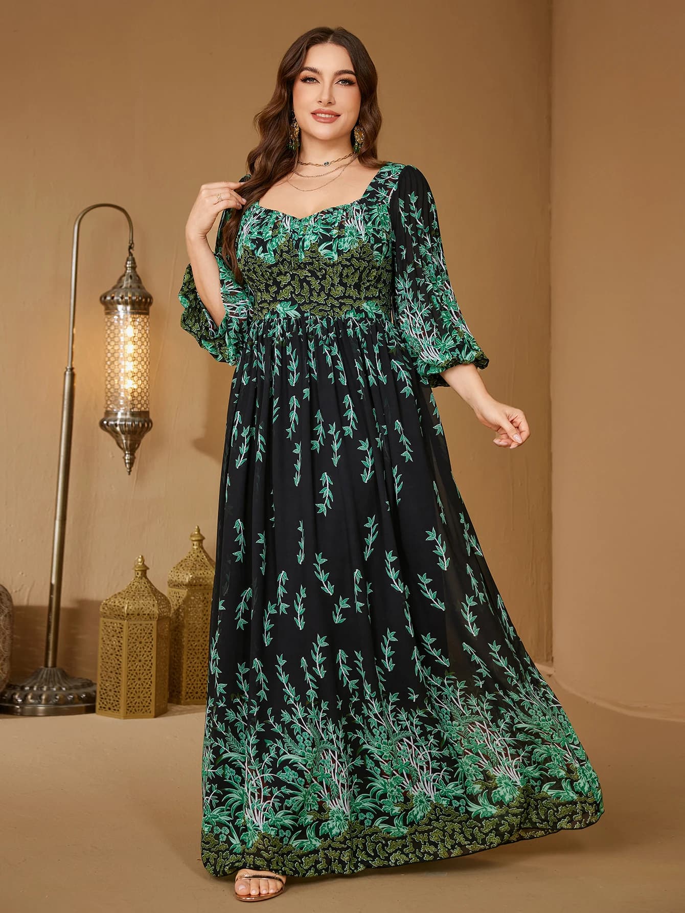 Robe de soirée en mousseline de soie à imprimé floral asymétrique à manches lanternes, taille plus, 