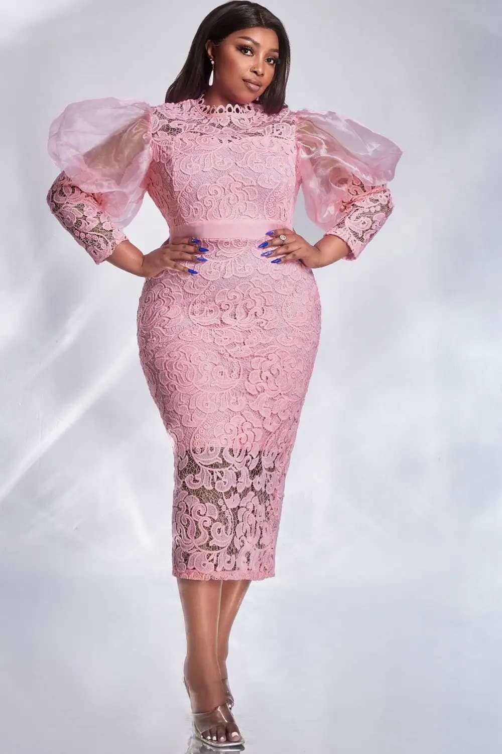 Robe formelle en dentelle rose pour femmes, grande taille, manches bouffantes, transparente, mi-long