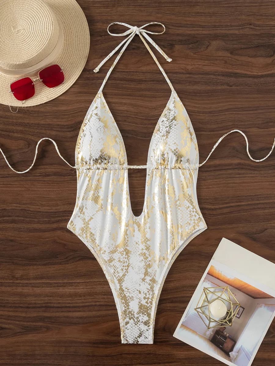 Maillot de bain une pièce pour femme, motif peau de serpent, col licou, décolleté plongeant, coupe h