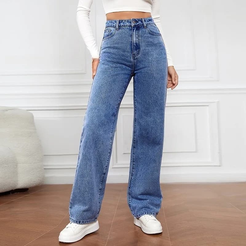 Jean large noir délavé taille haute pour femme, coupe droite, décontracté, style streetwear