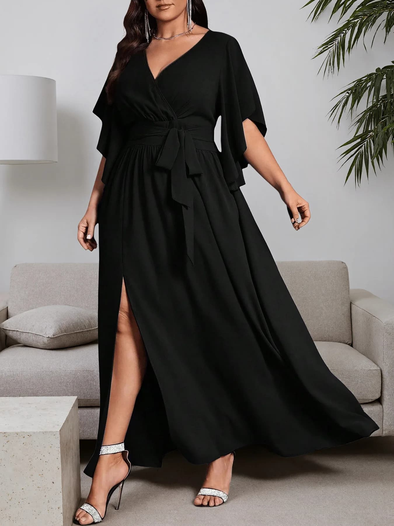 Robe longue grande taille, col en V, manches courtes, fente latérale, ceinture, taille haute, robe d