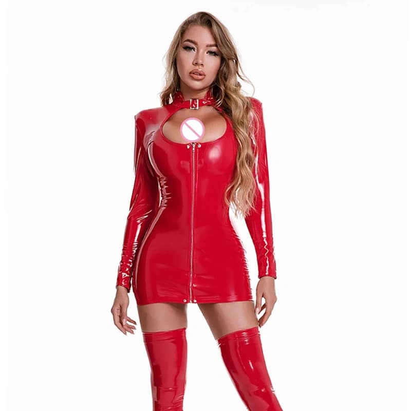 Robe mini en latex à manches longues et découpes, style grande taille, sexy, en cuir, pour soirées e