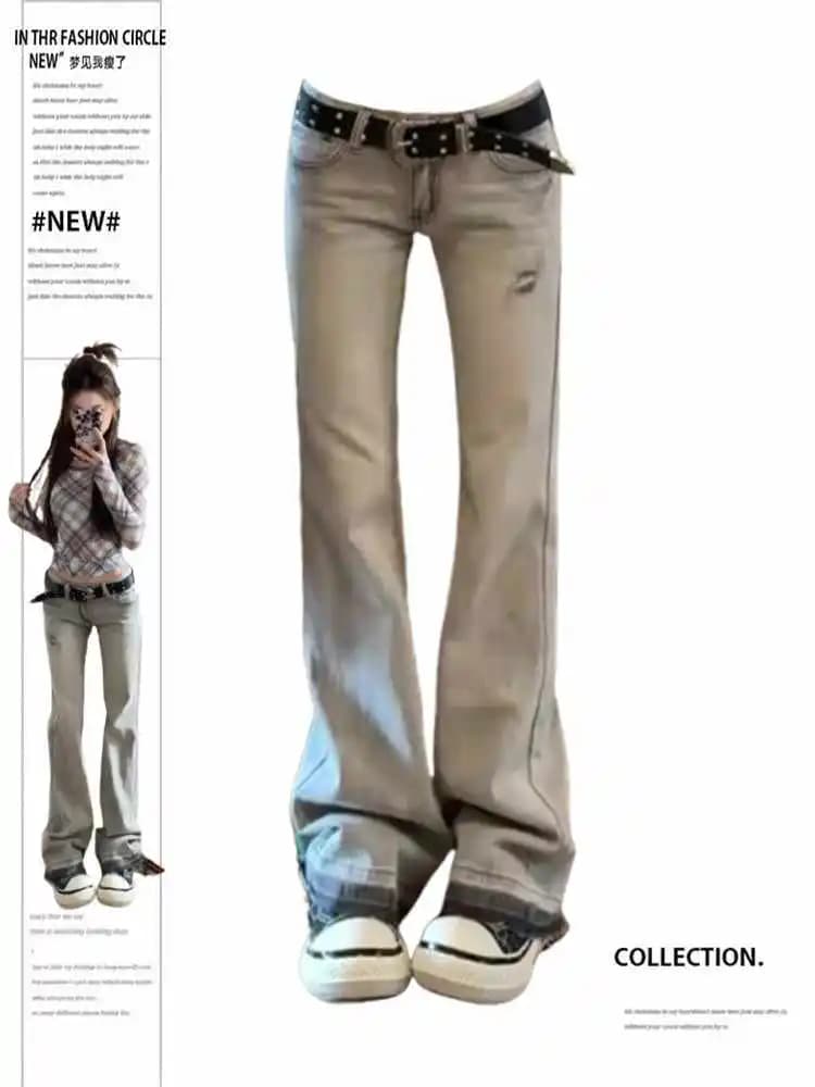 Jean taille basse pour femmes, pantalon en Denim évasé brodé, rétro américain Y2k, bas de cloche, Ha