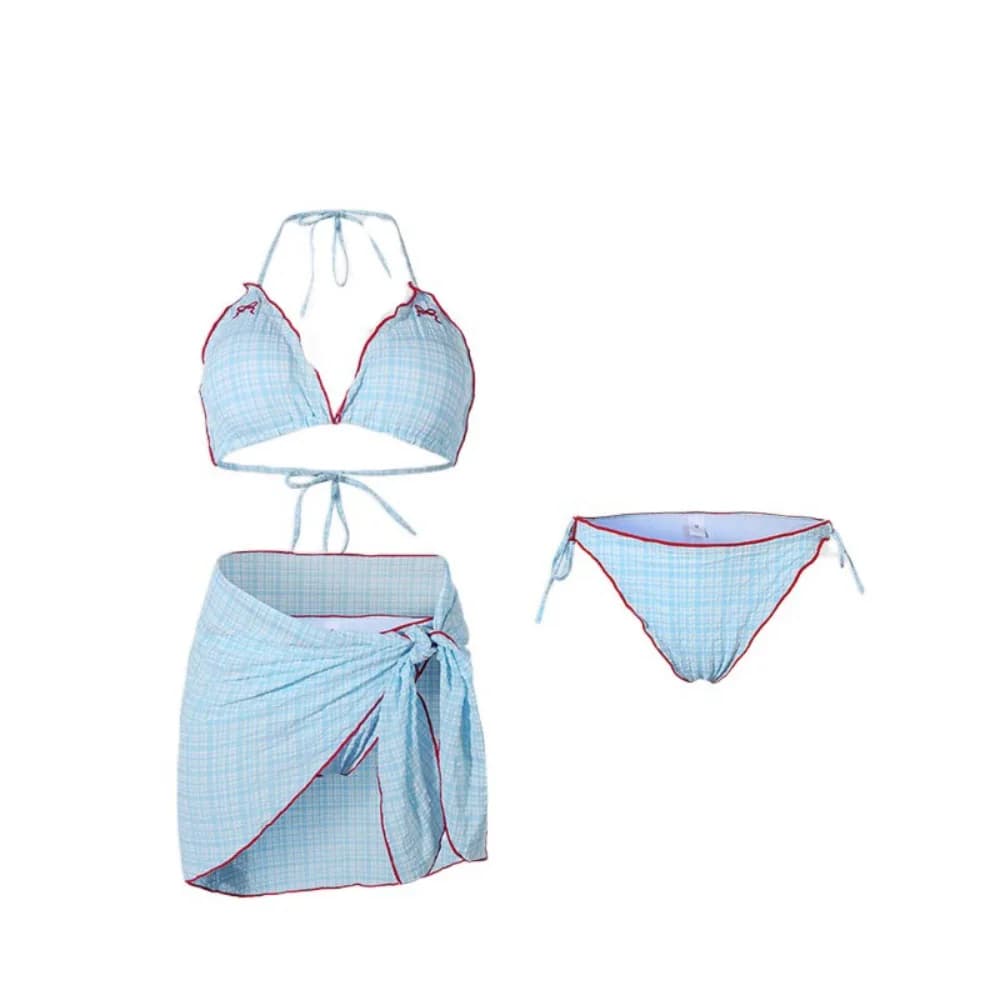 Ensemble de maillot de bain trois pièces pour femme, style bikini, avec nœud mignon, motif quadrillé