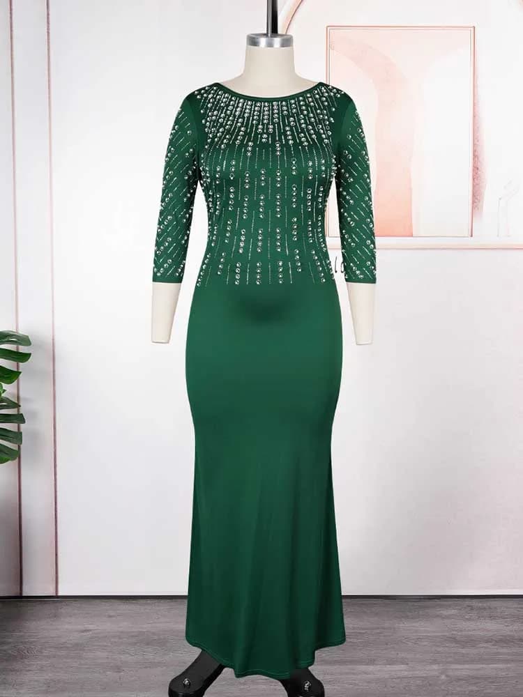 Robes de soirée grande taille pour femmes, élégantes, couleur unie, diamant, longues, Maxi, manches 