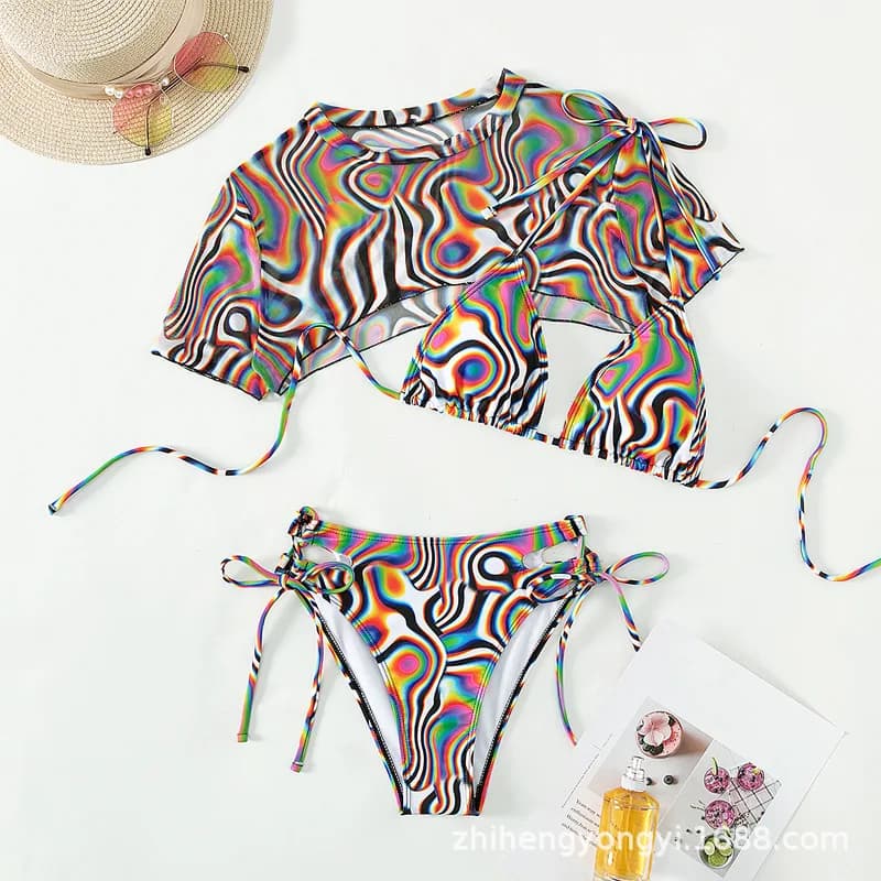 Nouvel ensemble bikini 3 pièces sexy pour femme 2026, maillot de bain en maille holographique à noue
