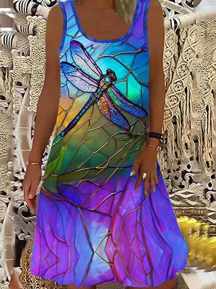 Robe précieuse à imprimé libellule grande taille, robe en fibre décontractée pour le printemps et l'