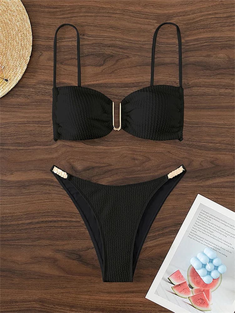 Ensemble bikini sexy à col en U pour femme, blanc et noir uni, push-up, micro maillot de bain plissé