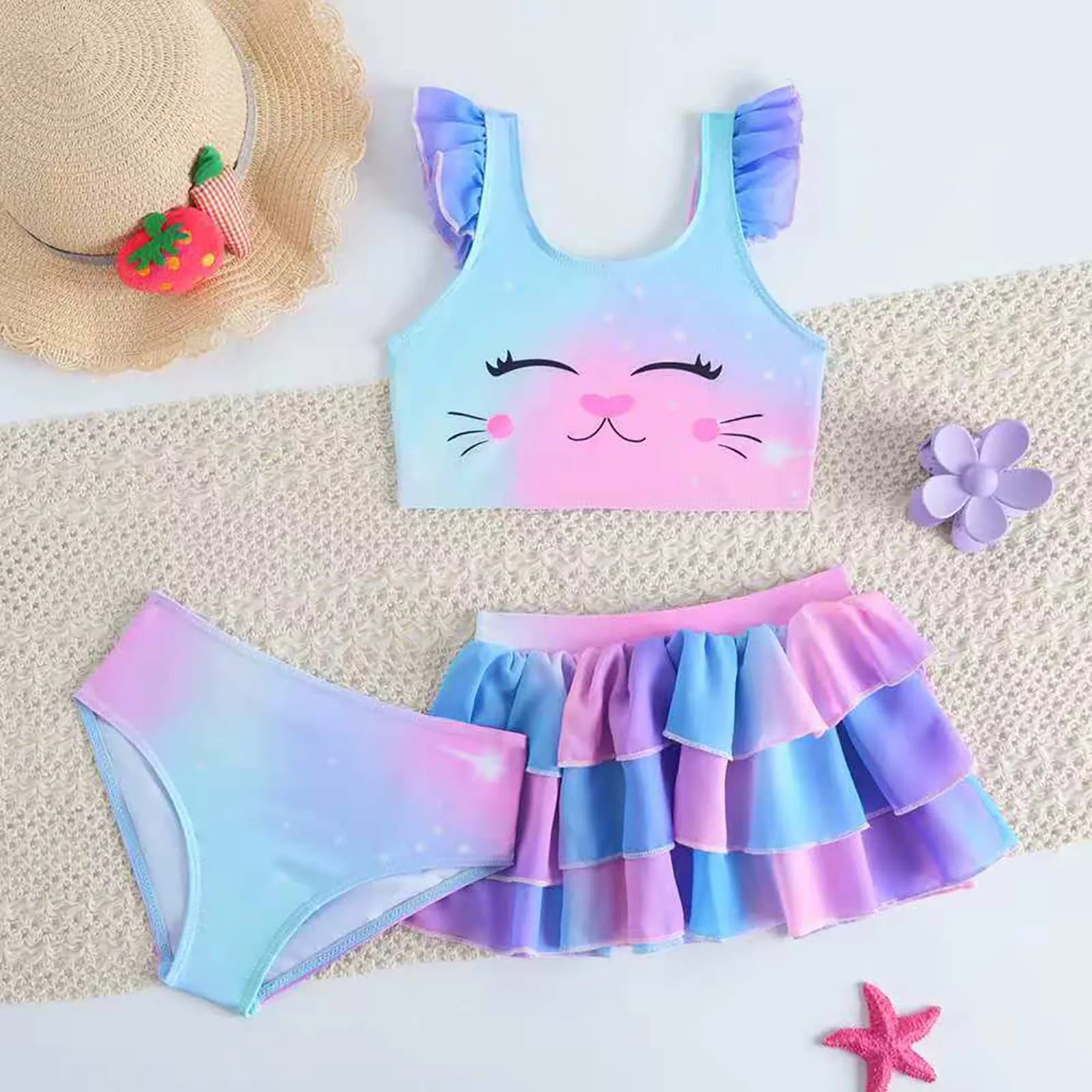 Ensemble Bikini 3 pièces visage de chat Pastel pour filles, haut à volants, maillot de bain pour fil