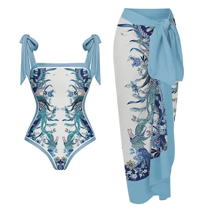 Reversible AB conception en mousseline de soie imprimé jupe portefeuille une pièce maillot de bain f