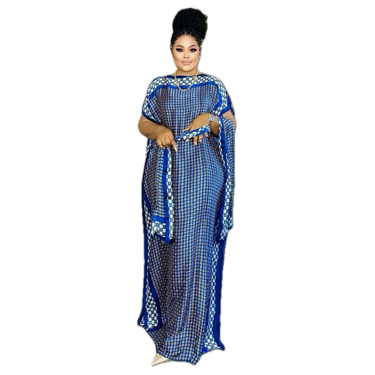 Wonder géométrique grande taille – Robe caftan fluide avec col rond et manches chauve-souris – Vêtem