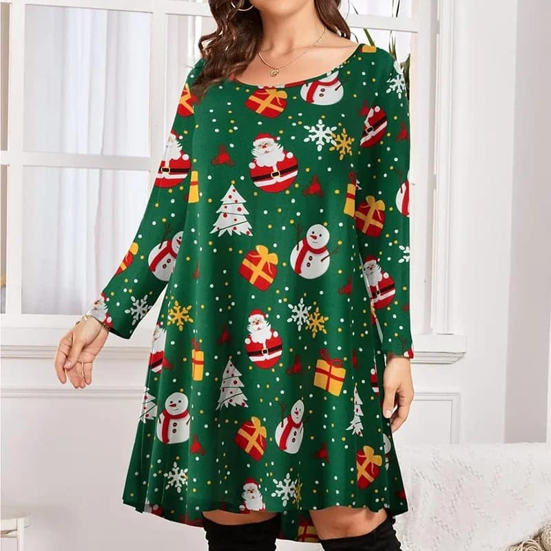 Noël grande taille dames Mini robe flocon de neige motif père noël femmes robes 3D automne à manches