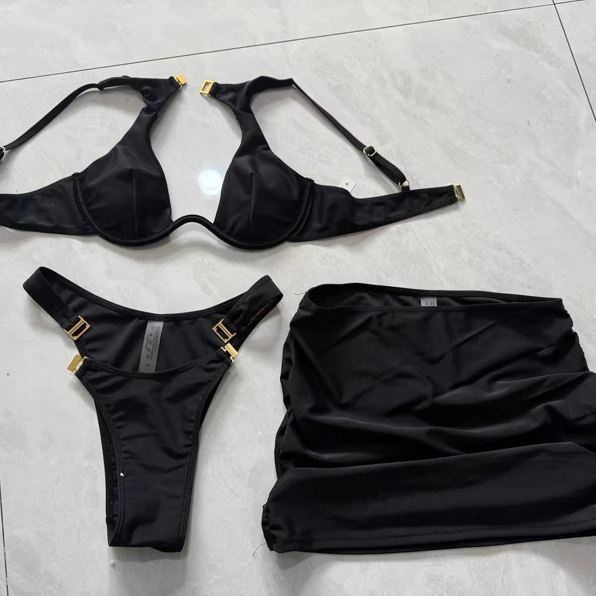 Ensemble bikini 3 pièces pour femme, maillot de bain sexy push-up, tenue de plage avec jupe et paréo