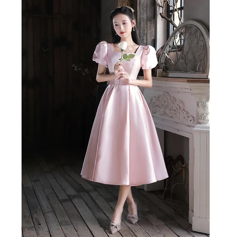Robe de soirée rose pour femmes, manches bouffantes françaises simples, robes de princesse élégantes