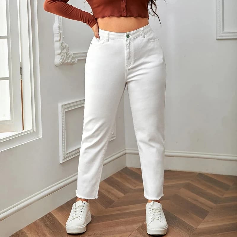 Jean blanc grande taille pour femmes, coupe droite, pleine longueur, taille haute, extensible, 100kg