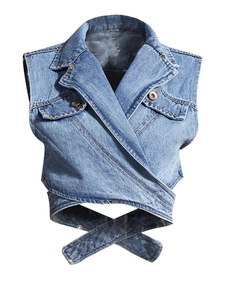 [EAM] femmes bleu Denim chemisier irrégulier nouveau revers manches longues bouffantes coupe ample c