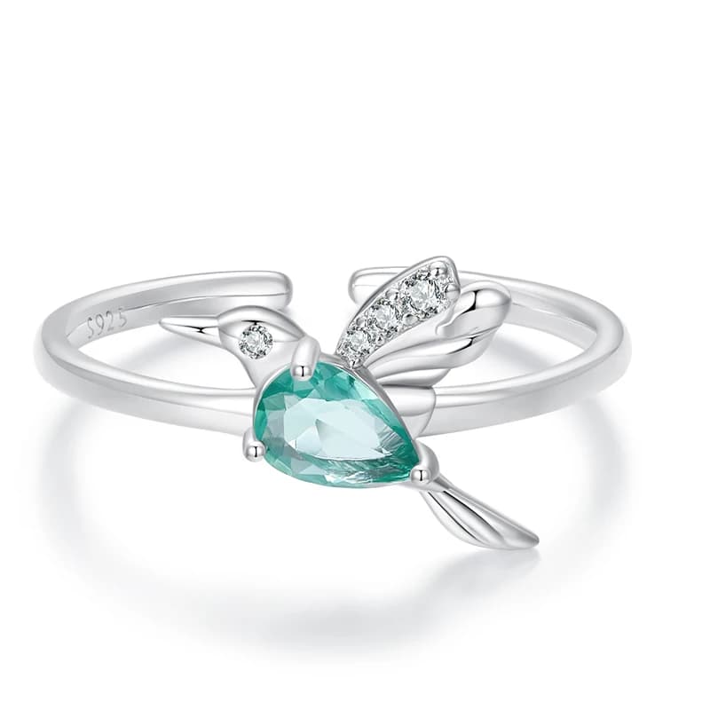 BISAER 925 argent Sterling colibri anneau ouvert taille 5-9 vert menthe CZ mignon oiseau bande plaqu