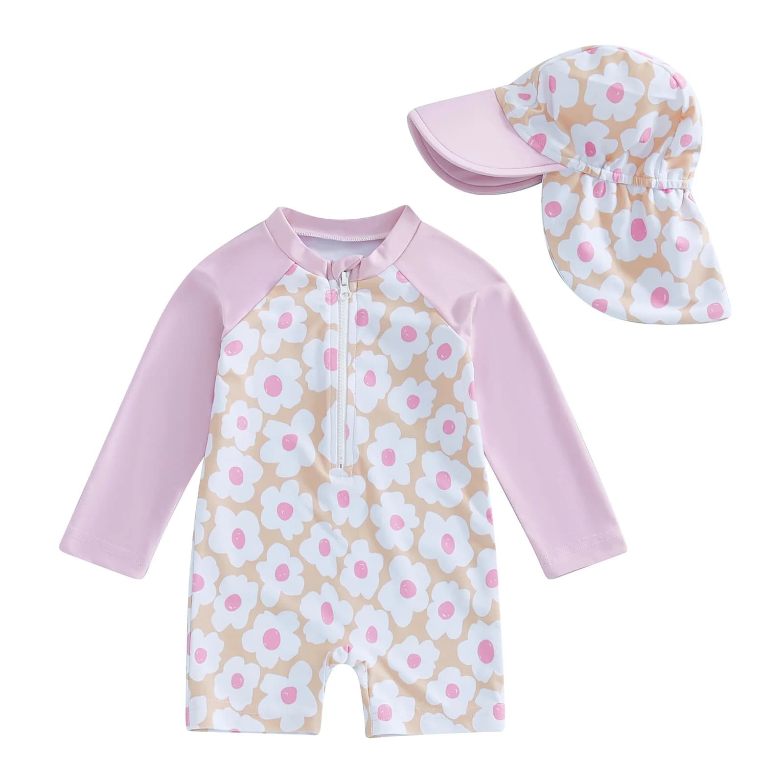 Tregren-Maillot de bain à manches longues pour fille, imprimé floral/flamant rose, demi-fermeture éc