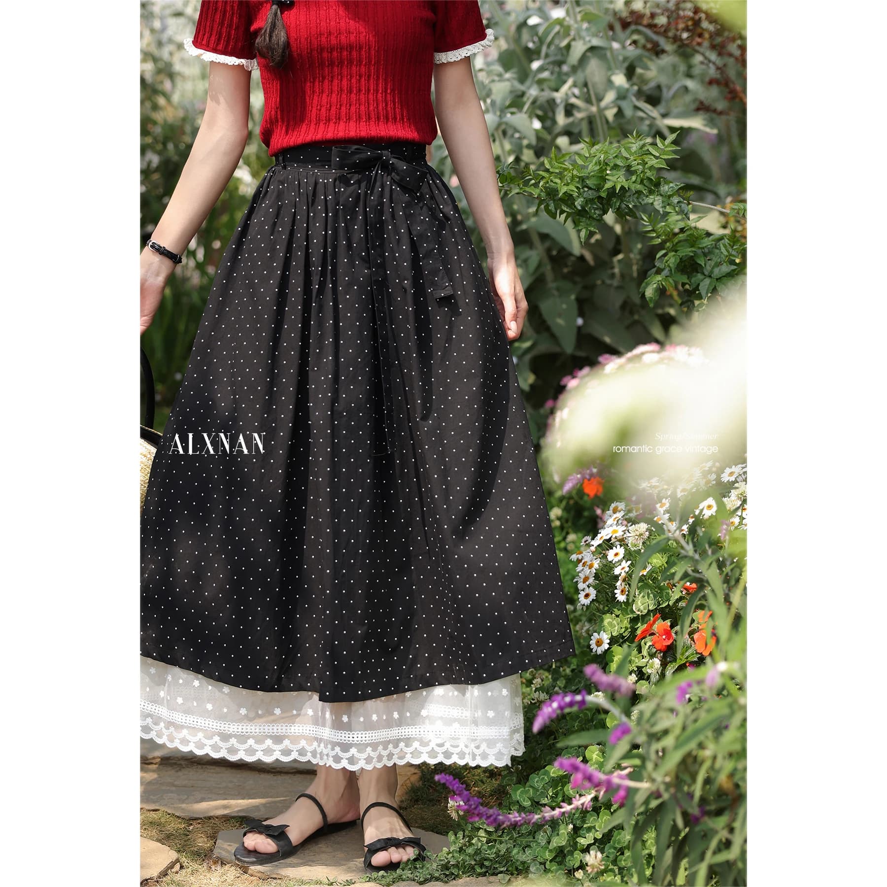 ALXNAN Jupe longue grande taille pour femme, jupe maxi élégante noire à pois, collection été 2026, d