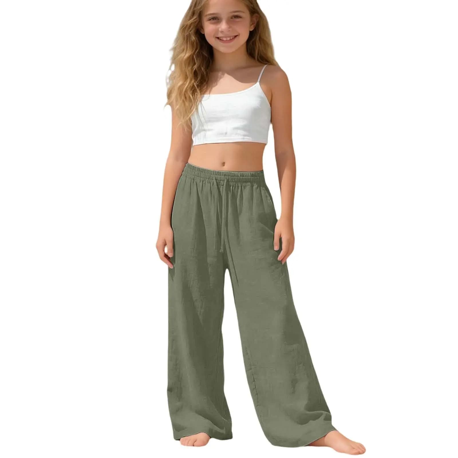 Vêtements pour filles de 12 à 14 ans, pantalon en lin pour filles, taille élastique avec cordon de s