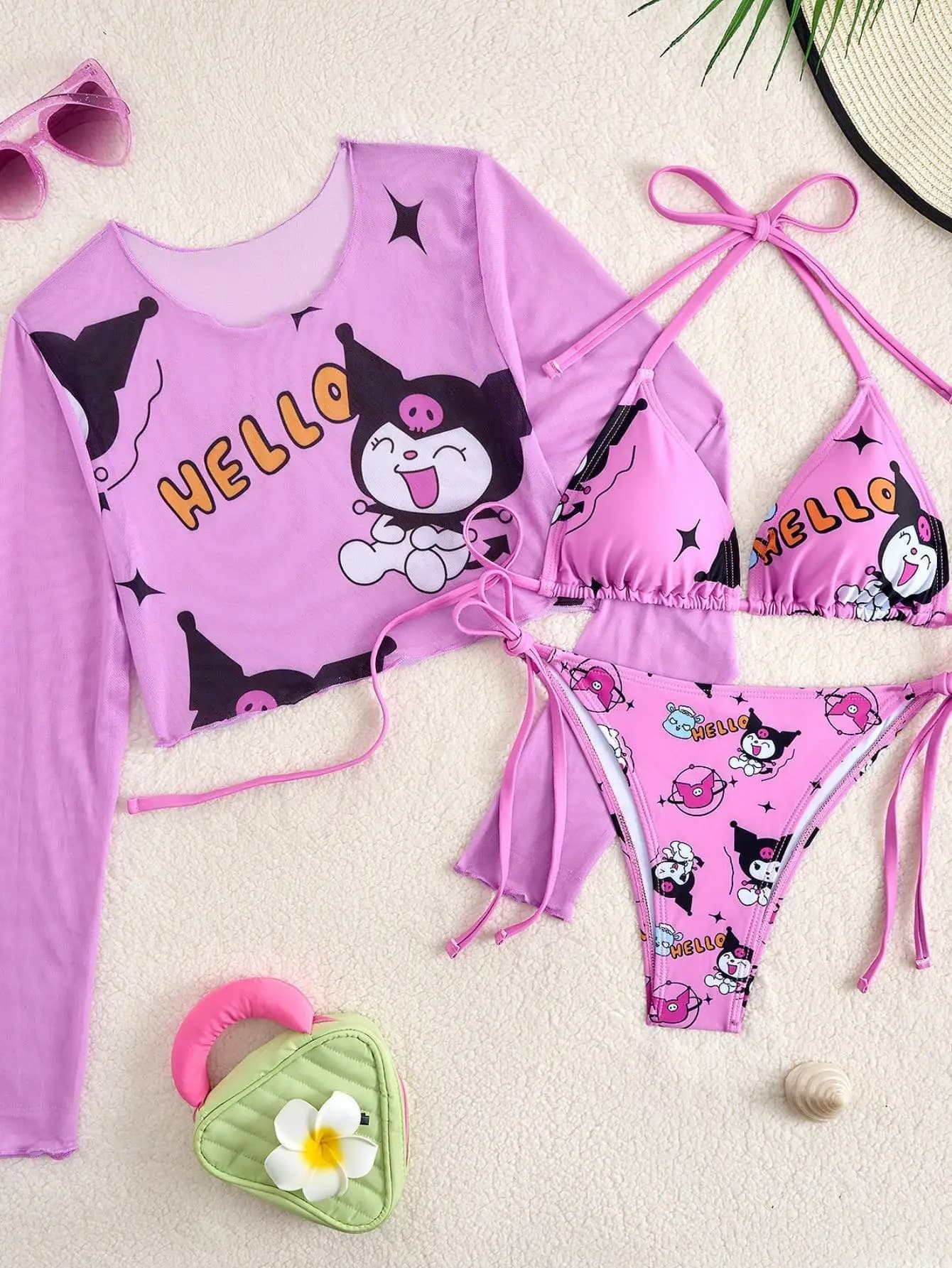 Ensemble de bikini Kuromi 3 pièces, maillot de bain rose Y2K mignon avec cache-cœur en maille pour f