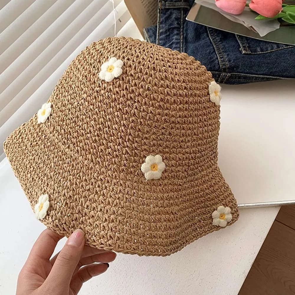 Chapeau de paille fleuri pour femme, chapeau de pêcheur pliable anti-UV pour l'été, chapeau tressé a