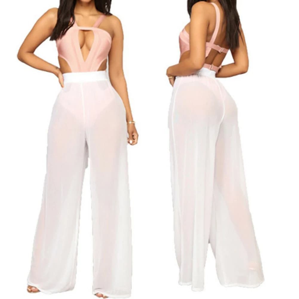 Pantalon taille haute transparent doux couvrir dynamique élastique longue maille ample Polyester cou